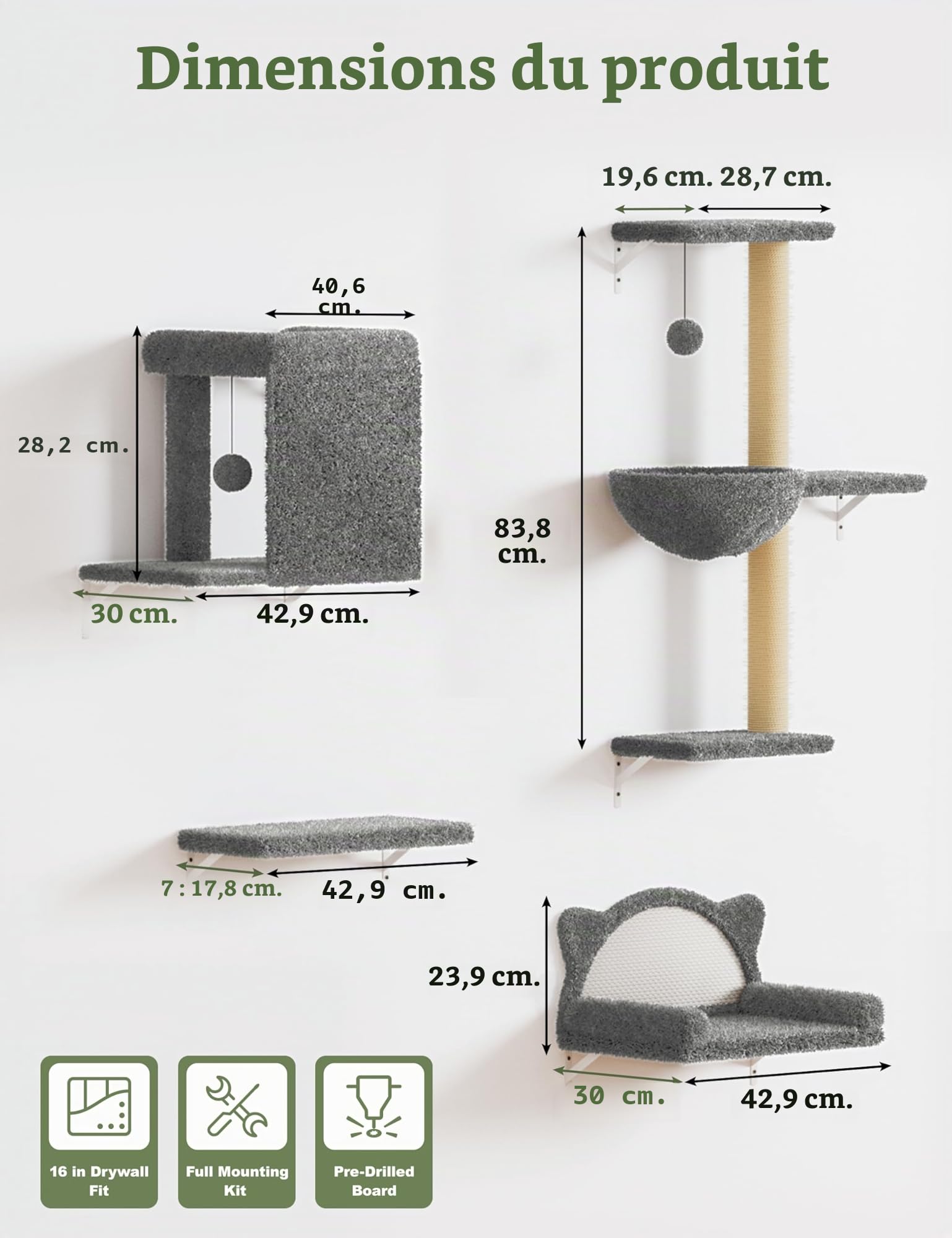 Étagères Murales pour Chat 5 en 1, Arbre à Chat Mural avec Hamac, Niches, Griffoirs en Sisal et Plateformes, Parcours Mural d'escalade en Bois Multicouche, Gris Clair