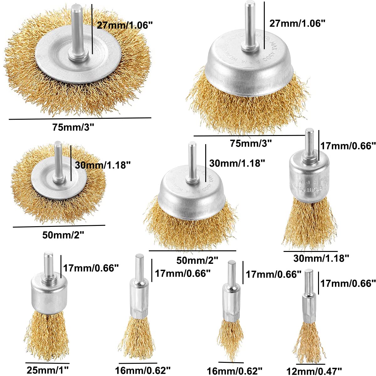 Wire Brush Wheel Steel Cup Brush Set 9 Piece Wire Power Brush for Drill 1/4 Inch Shank Arbor 0.012" Coarse Carbon Crimped Wire Wheel for Cleaning Rust,Stripping,Abrasive and Drill Attachment: Industrial & Scientific