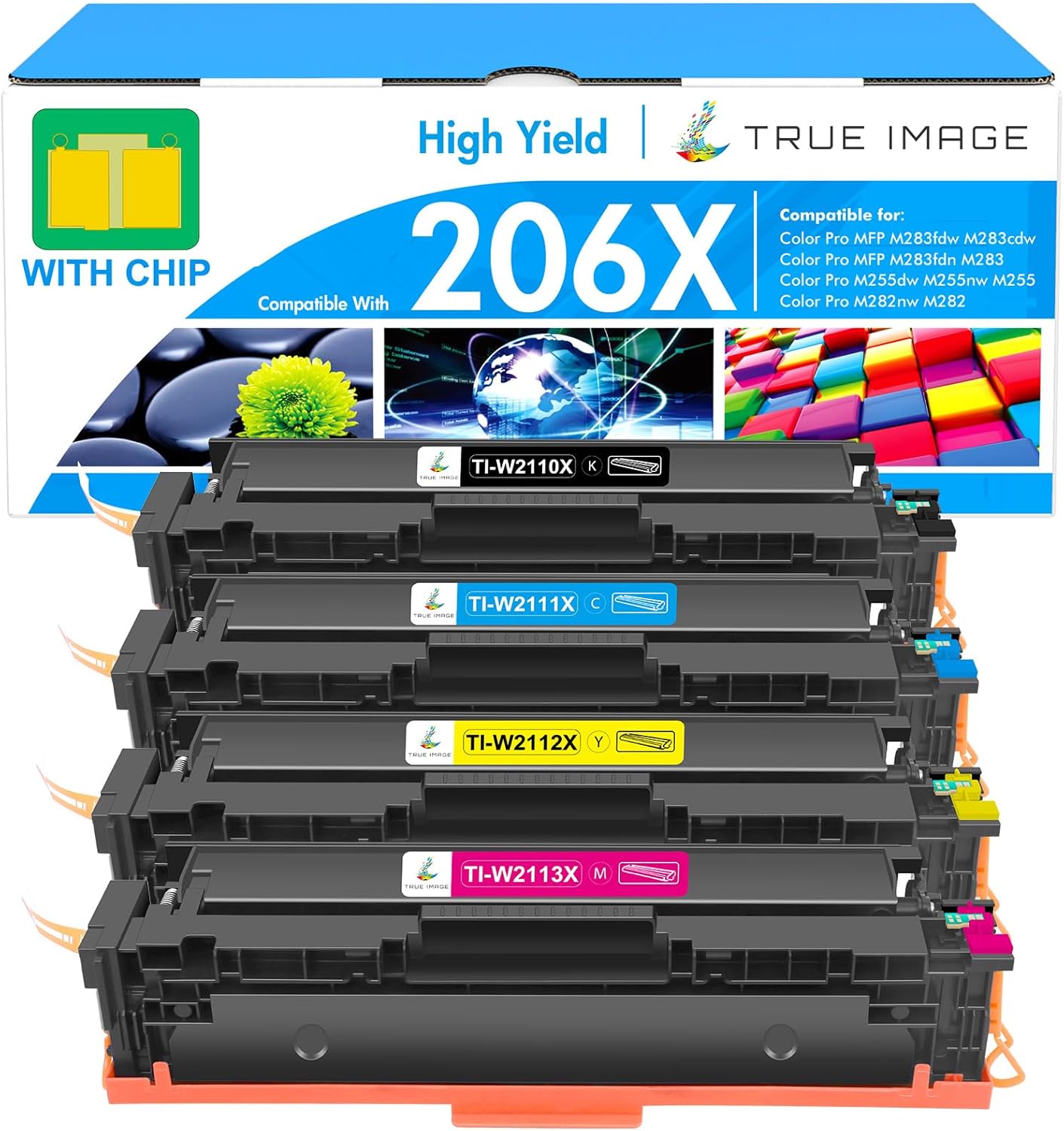 206X Toner Cartridges 4 Pack High Yield: MFP M283fdw M283cdw M255dw 206A 206 Set Compatible Replacement for HP 206X for HP Color LaserJet Pro MFP M283fdw M283cdw M283 Printer Ink (with Chip -B/C/Y/M)