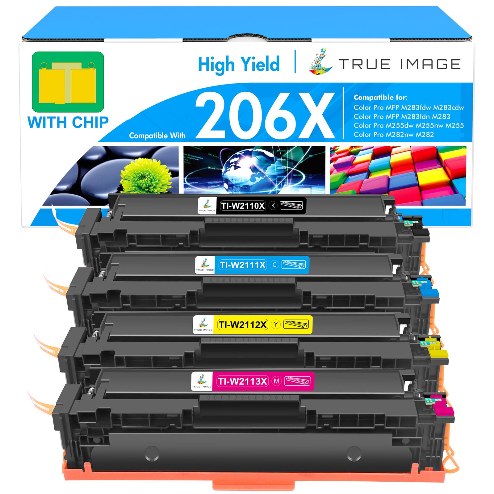 Photo 1 of 206X Toner Cartridges 4 Pack High Yield: MFP M283fdw M283cdw M255dw 206A 206 Set Compatible Replacement for HP 206X for HP Color LaserJet Pro MFP M283fdw M283cdw M283 Printer Ink (with Chip -B/C/Y/M)