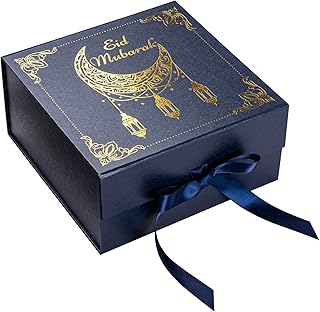 WRAPAHOLIC Eid Mubarak Gift Box with Satin Ribbon, 8x8x4 Inches Blue Collapsible Gift Box with Magnetic Closure for Eid Party, Ramadan, Gift Wrap, Storage