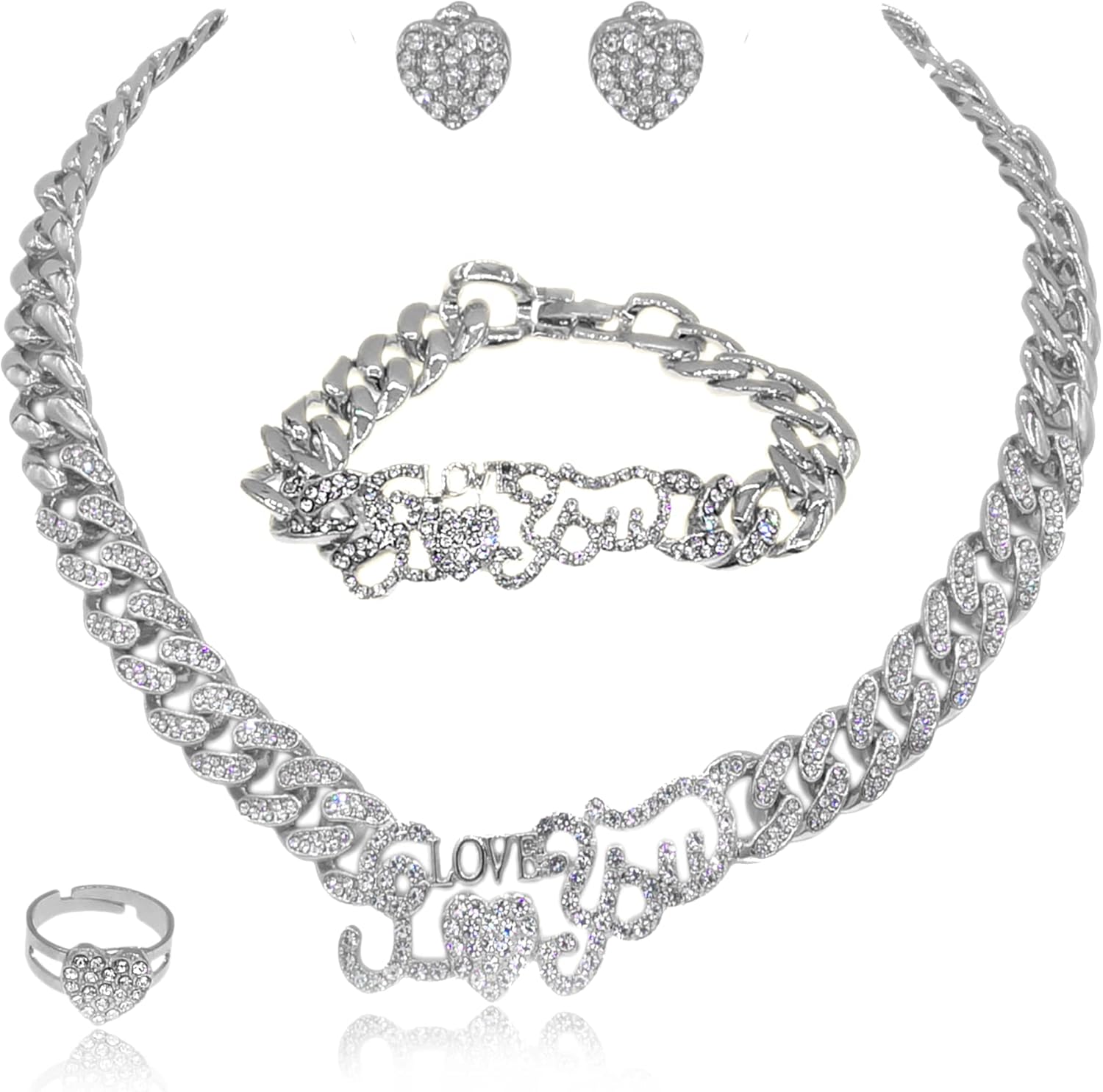 SYHOL Jewelry Necklace Set Cuban Link Chain Necklace Bracelet Rhinestone Hoop Earrings Set Bling Necklace Bracelet Women Girls Accessories Sweetheart Gifts