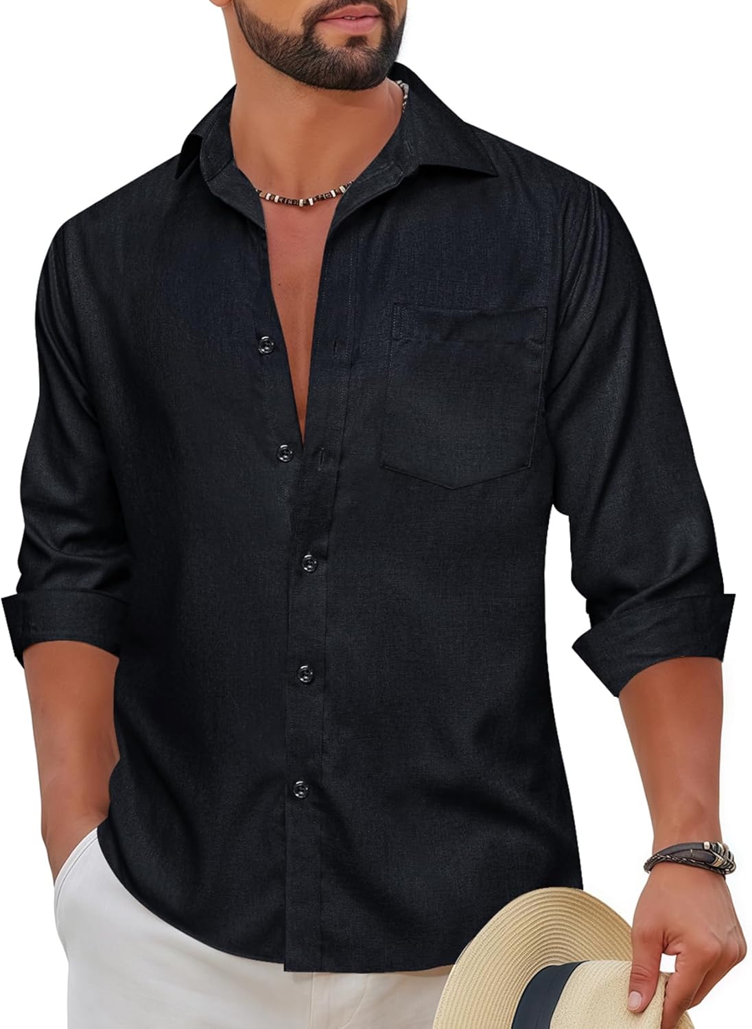 Barry.Wang Mens Linen Long Sleeve Shirt Solid Button Down Lightweight Casual Business Vacation Dress Shirt with Pocket