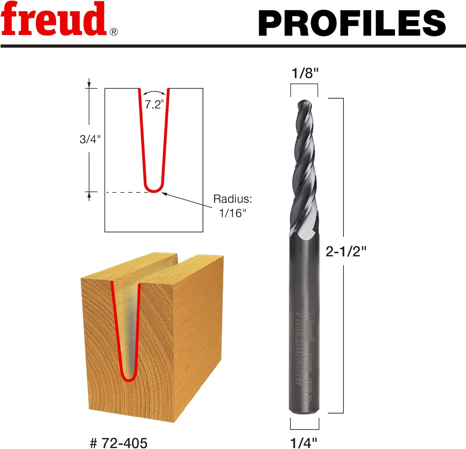 Freud 7° x 1/8" Tapered Ball Tip, Solid Carbide, 1/4" Shank (72-405)