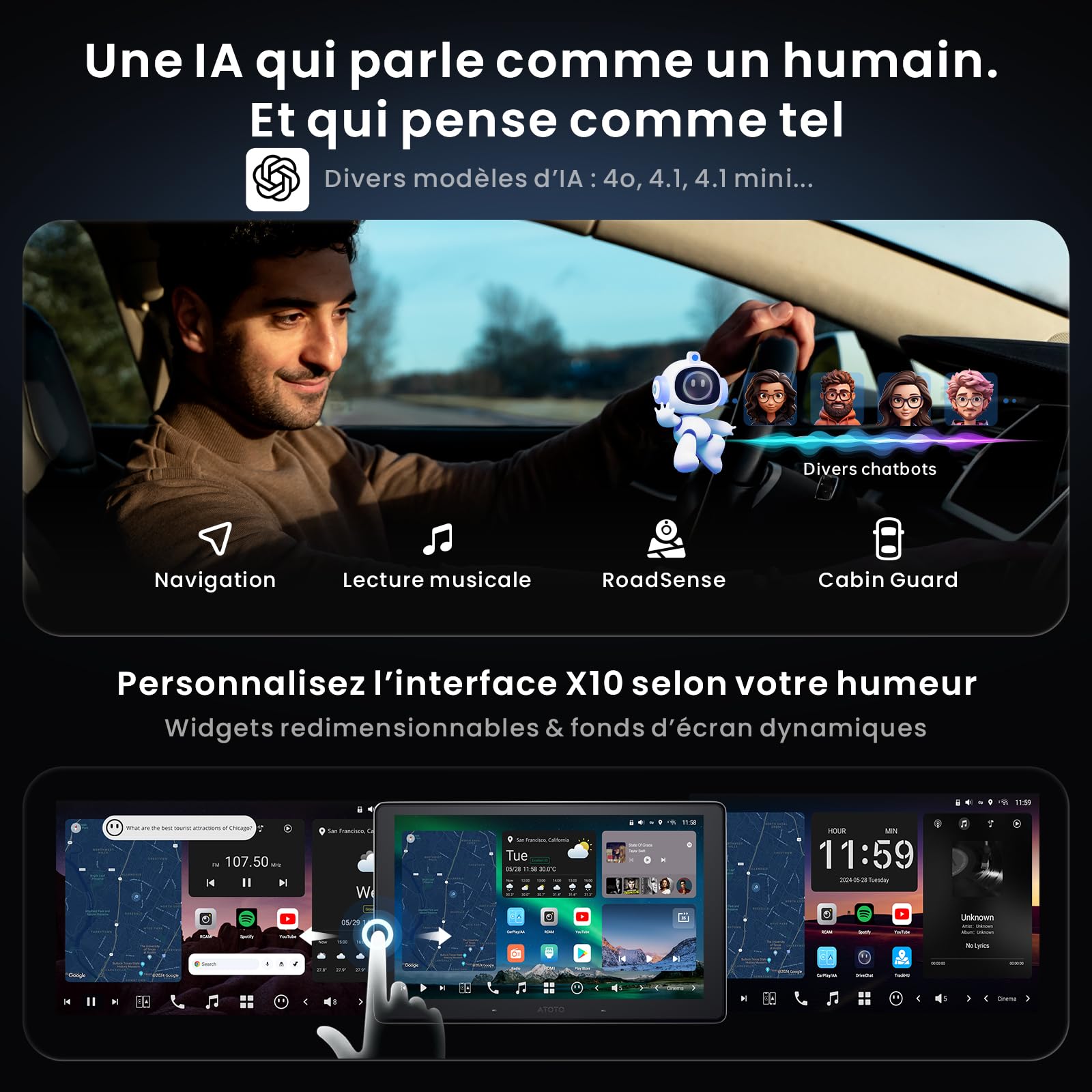 ATOTOZONE X10 Autoradio Android 10" QLED, Écran Flottant 1 DIN & 2 DIN, Agent IA & Vision IA, LiveView à Distance, Alerte Golden Hour, 4G LTE, 8G+128G, Audio 7.1.2 CH, CarPlay & Android Auto sans Fil