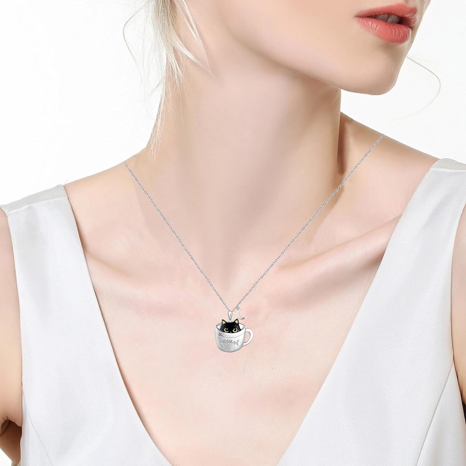 Black Cat and Moon Silver Pendant Necklace for Women - Cat Lover Jewelry Gift for Birthday Party - Image 5