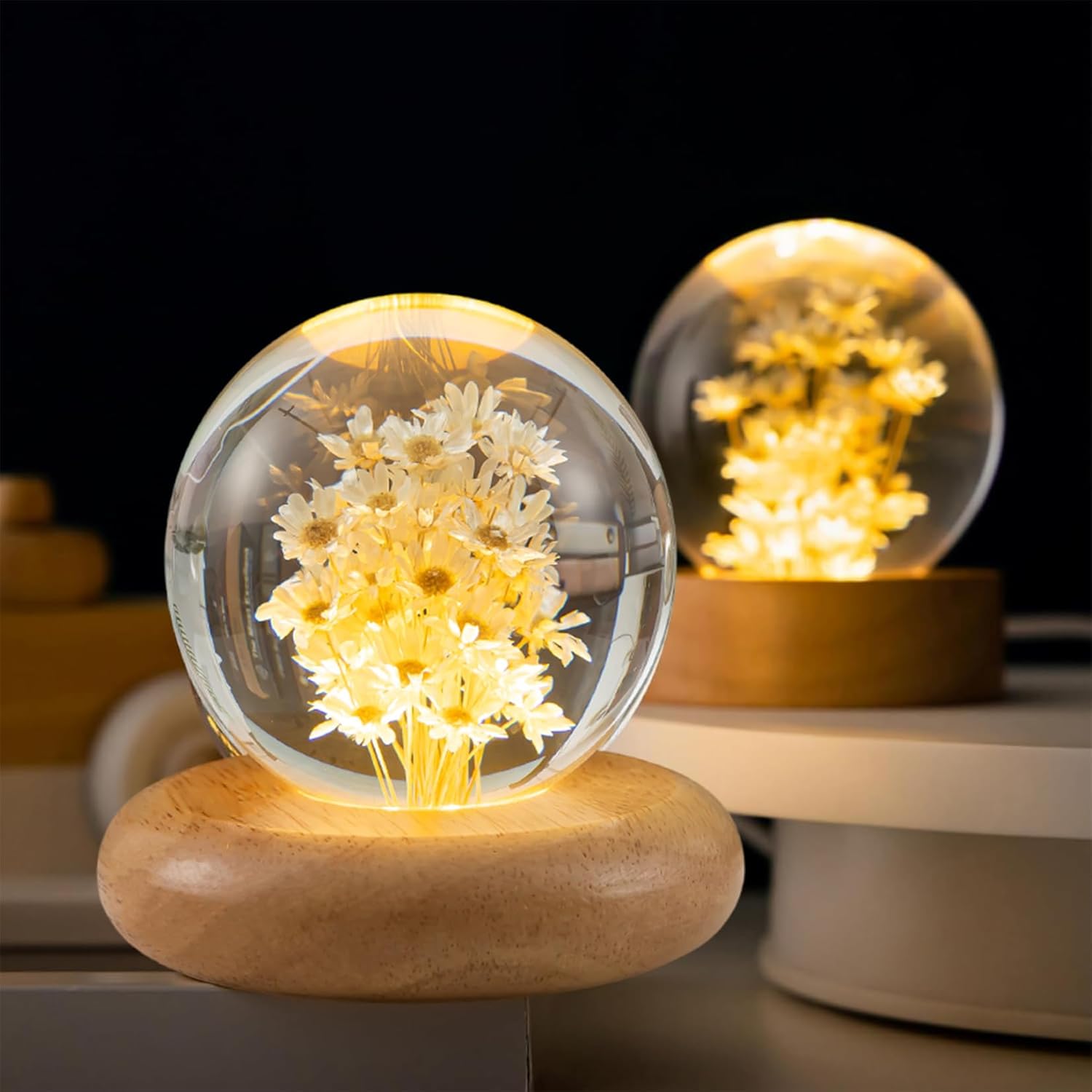 Daisy Gifts, Daisy Crystal Ball Night Light, 2.76 inch Glass Ball Lamp with Wooden Base, Perfect Daisy Décor & Daisy Gifts for Mom(White Daisy)