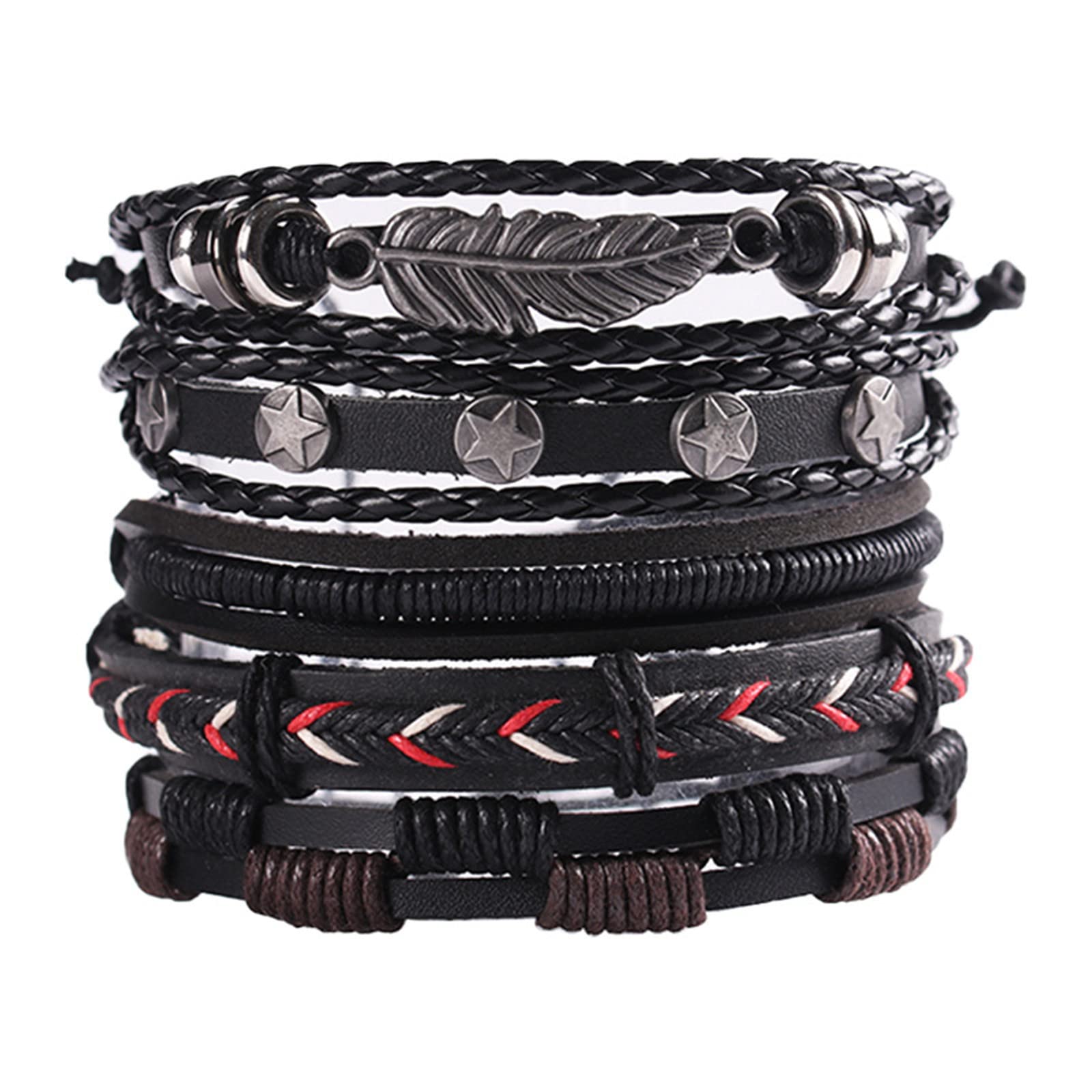 Caiyao 4Pcs Ethnic Stackable Black Leather Braided Rope Cross Infinity Bracelet Layered Adjustable Wooden Bead Wide Wristband Bracelet for Men Women Girl Boy Party Birthday Jewlelry Gift