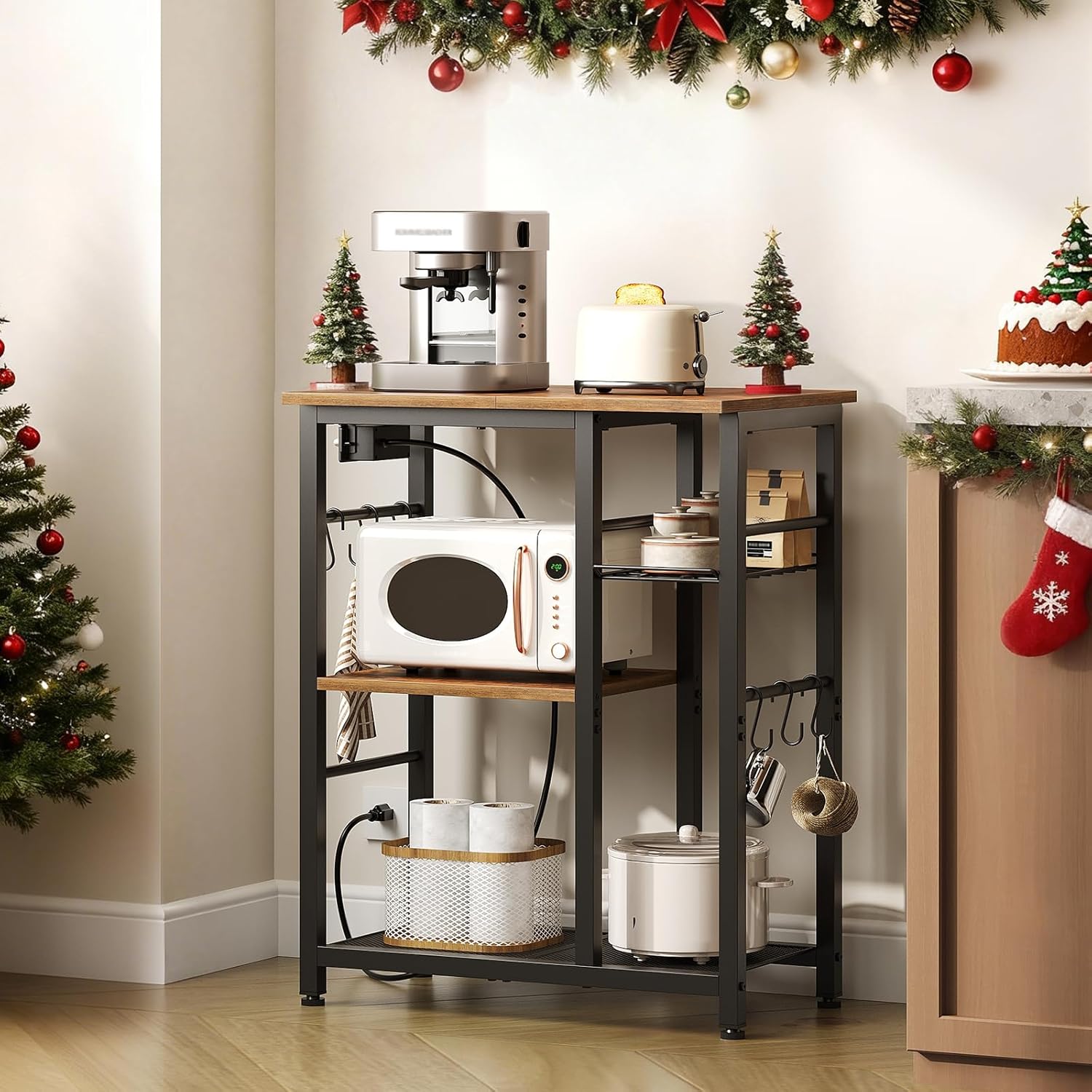 Movable Bakers Rack, Microwave Stand with Charging Station, Kitchen Storage Rack with Hooks and Basket, Casters and Adjustable Feet, for Small Space, Kitchen, Dining Room, Rustic Brown HB04UBR