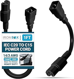 IronBox Electric - IEC C20 to C15 Power Cord - Rated for 15A/250V - 14/3 AWG Jacket - Premium Power Cable for Data Centers - Ideal for Connecting Computers & Servers to Rack Mount PDUs (1 feet)