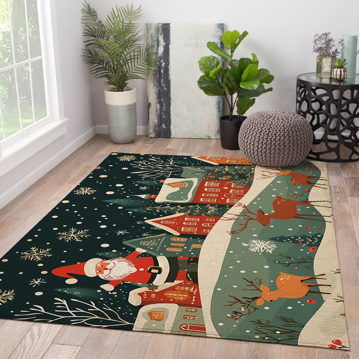 Tapis lavable Noël 140x200cm antidérapant avec motif Santa et Renne