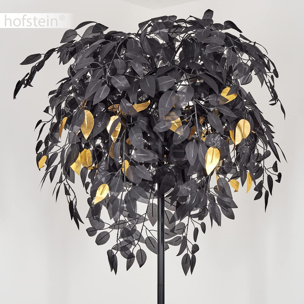 Lampa podłogowa Kallax, wykonana z metalu/plastiku w kolorze czarnym/złotym, z kloszem w optyce liścia, wysokość 190cm, z włącznikiem nożnym na kablu i efektem świetlnym, 3xE14, bez żarówek