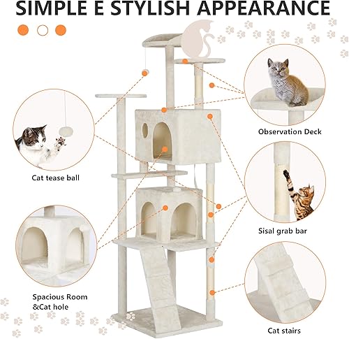 Vista 129 de BestPet Torre de árbol para gatos de 54 pulgadas Beige Resistente y fácil de montar, centro de actividades de varios niveles con postes