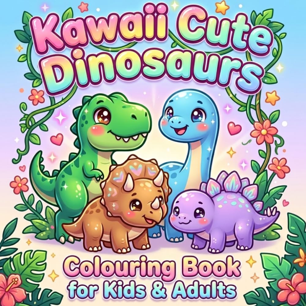 Kawaii Cute Dinosaur Coloring Book for Kids & Adults: Baby Dinosaurs, Prehistoric Creatures, Easy Coloring Pages for Stress Relief and Fun