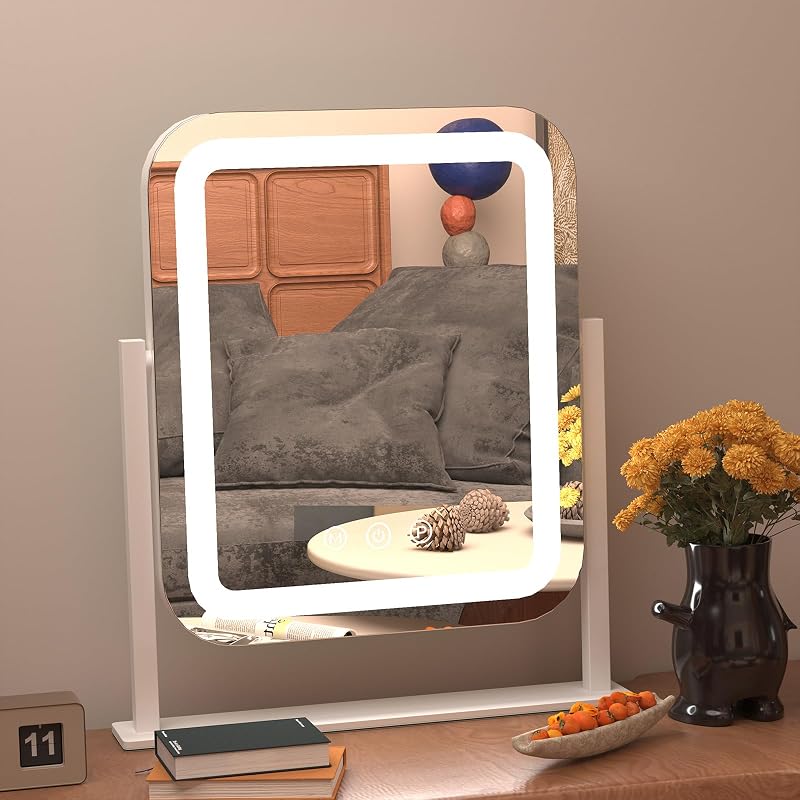 Espelho para maquiagem com iluminação SENSENESS, 36,07 cm x 30,48 cm, rotação de 360°, 3 cores ajustáveis