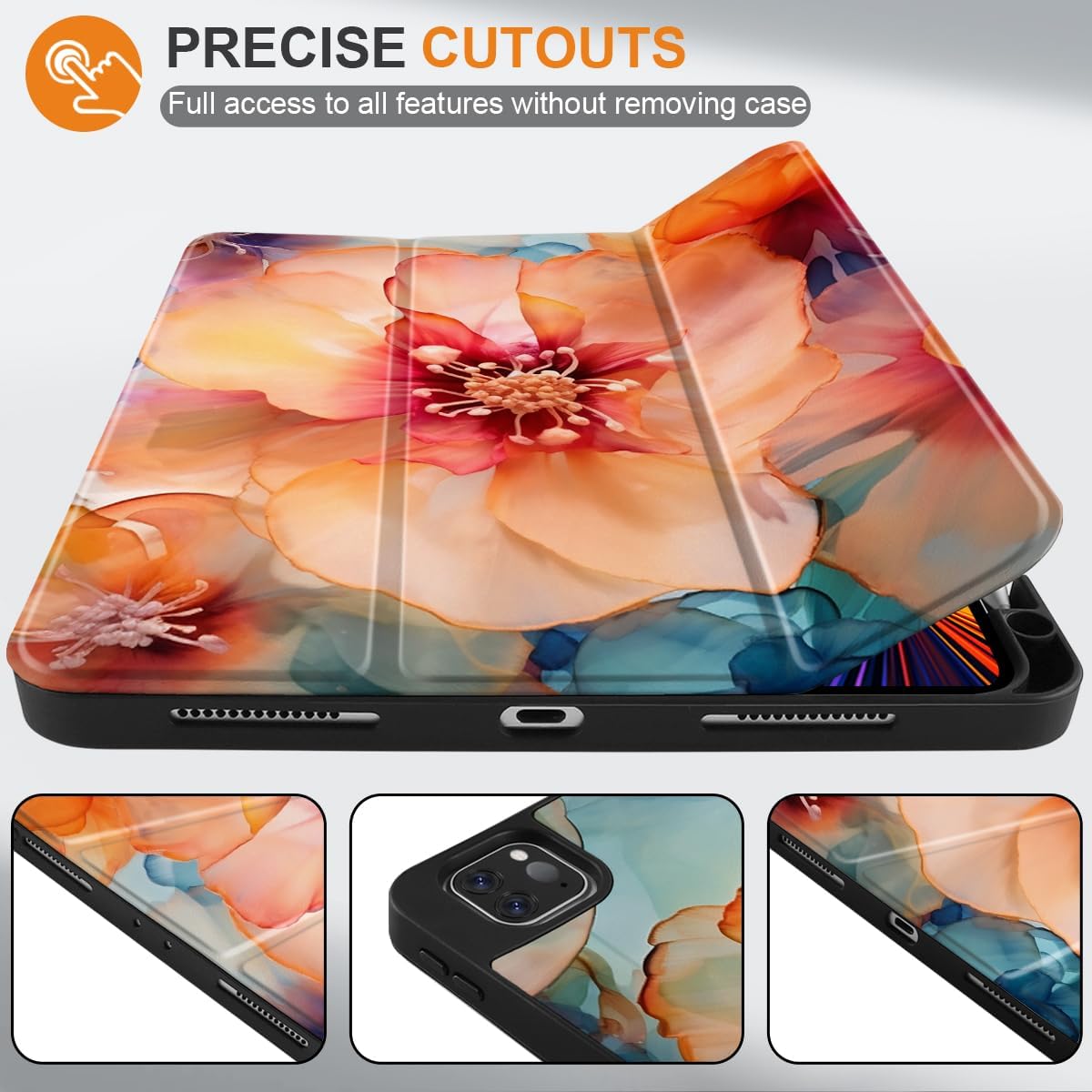 MEEgoodo Case for iPad Pro 12.9 Case M2 6th/5th/4th/3rd Generation 2022 2021 2020 2018, Protective Tablet Cover with Soft Back Shell for Kids, Ink Colorful Flowers - Image 2