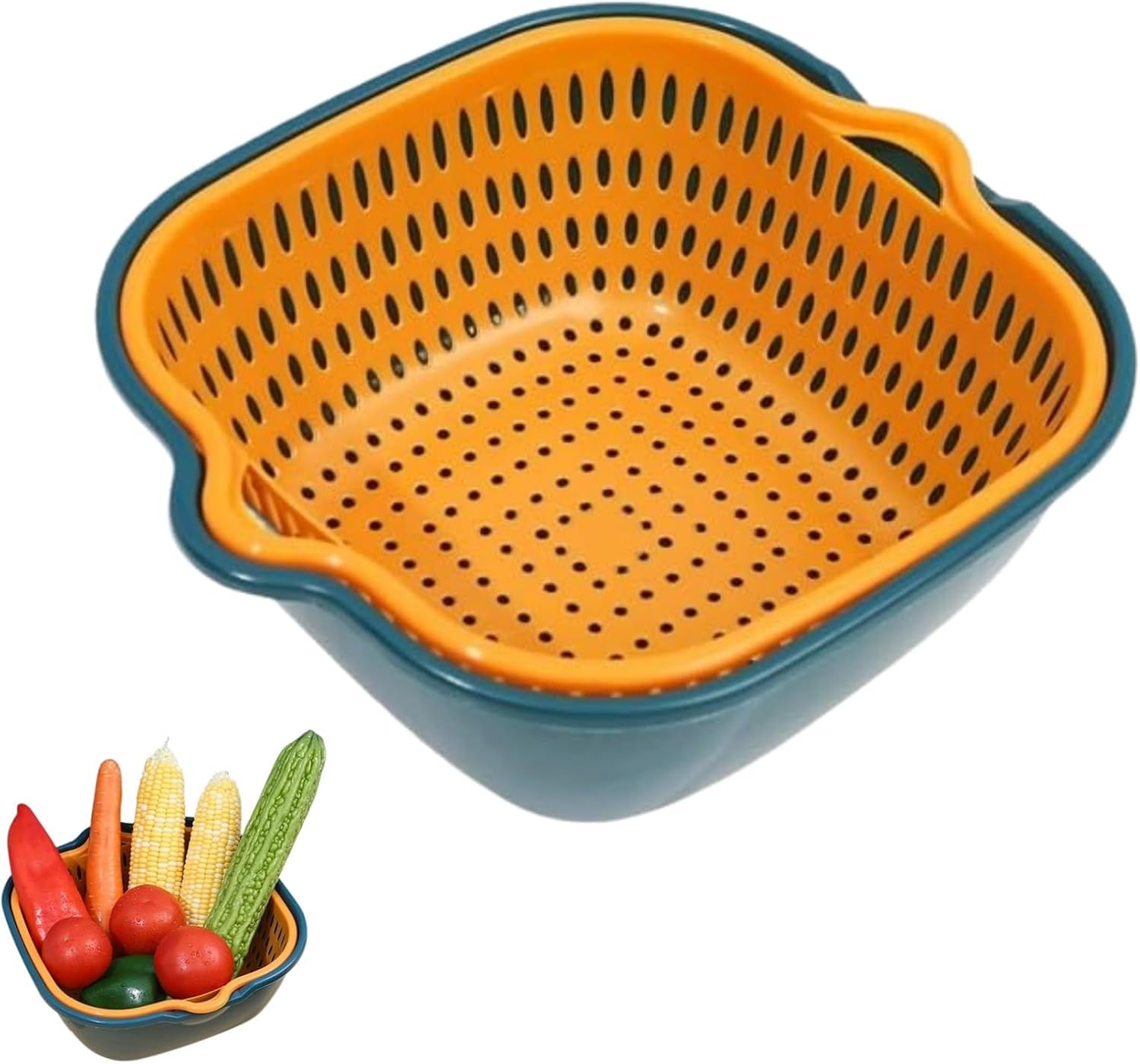 Plastic Food Strainer, Kitchen Strainer Colander Bowl Set Vegetable Washing Basket Double Layer Drain Quickly Suspend Multifunction Fruit Strainer with Side Handle for Kitchen 8.27*7.1*3.14in