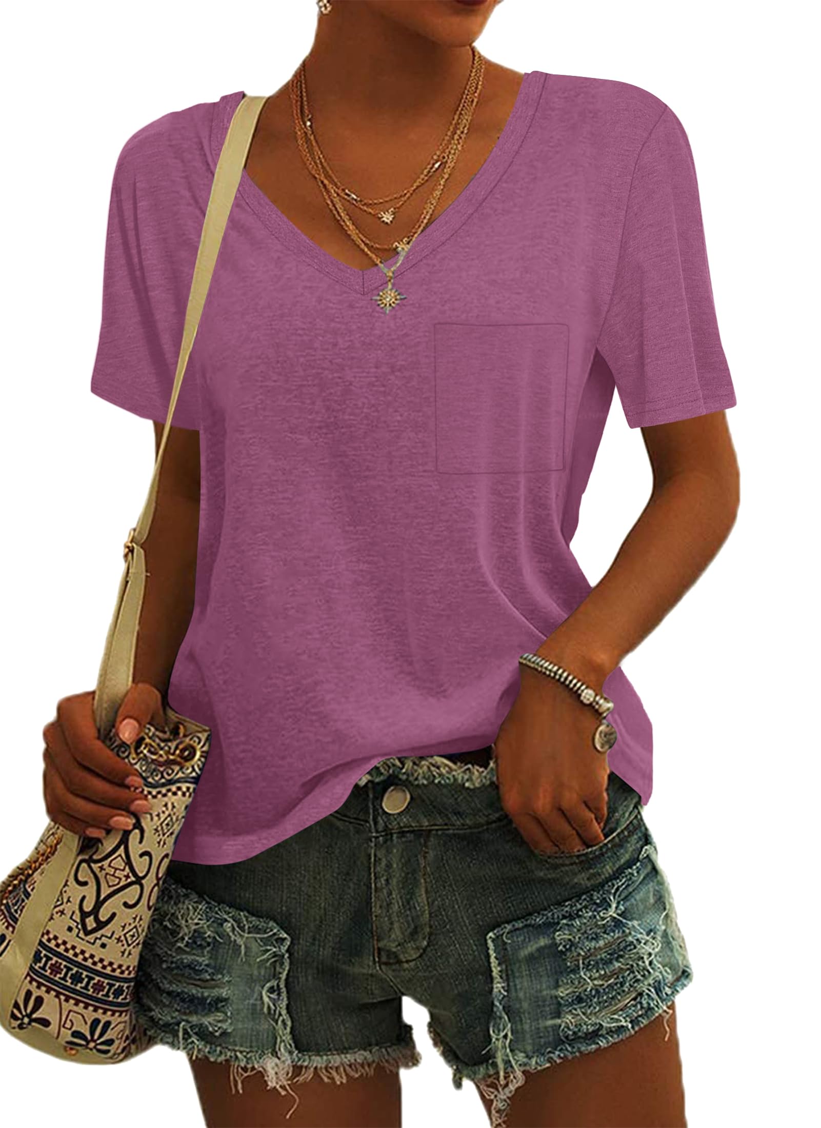 MOLERANI Damen T-Shirts Kurzarm V-Ausschnitt Lose Sommer T-Shirts Basic Tunika Tops mit Tasche