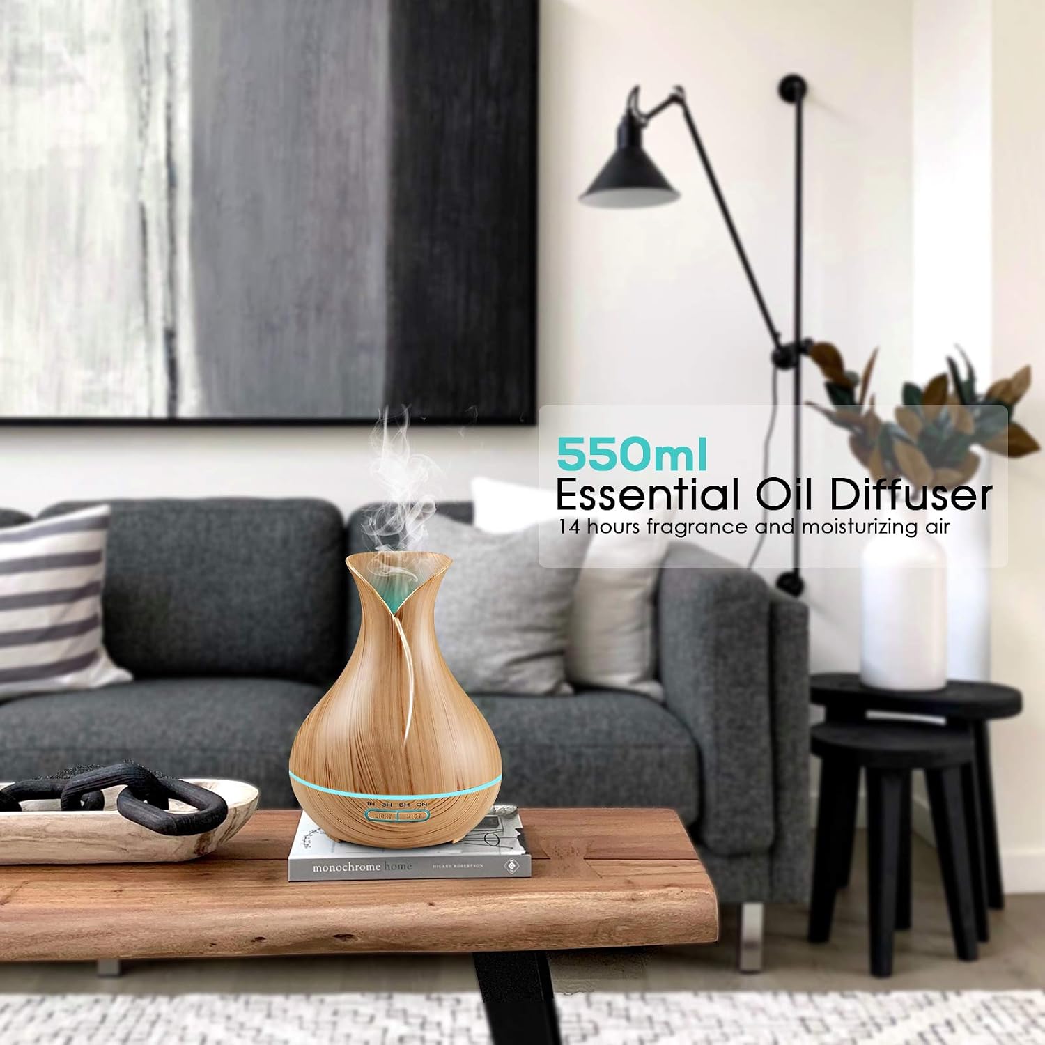Essential Oil Diffuser with Remote Control Aromatherapy Diffuser 550mL Cool Mist Aroma Diffuser with Waterless Auto Shut-Off 7 Color LED Lights for Bedroom Living Room Spa Baby (Light Wood)