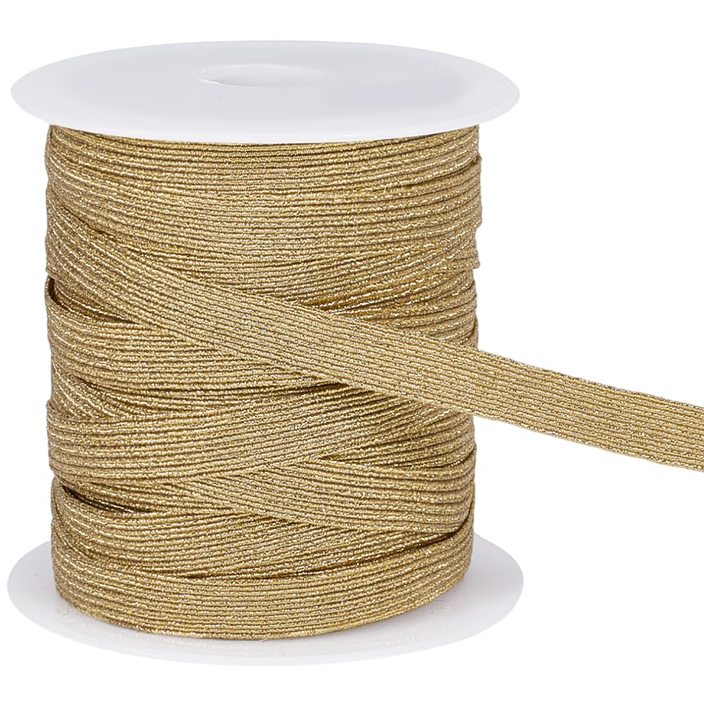 BENECREAT 25 Yards/22.9M Gold Elastic Bands, 10mm Wide Glitter Braided Ribbon, Flat Elastic Strap for Sewing Crafting Skirt Waistband Dress Making Clothing