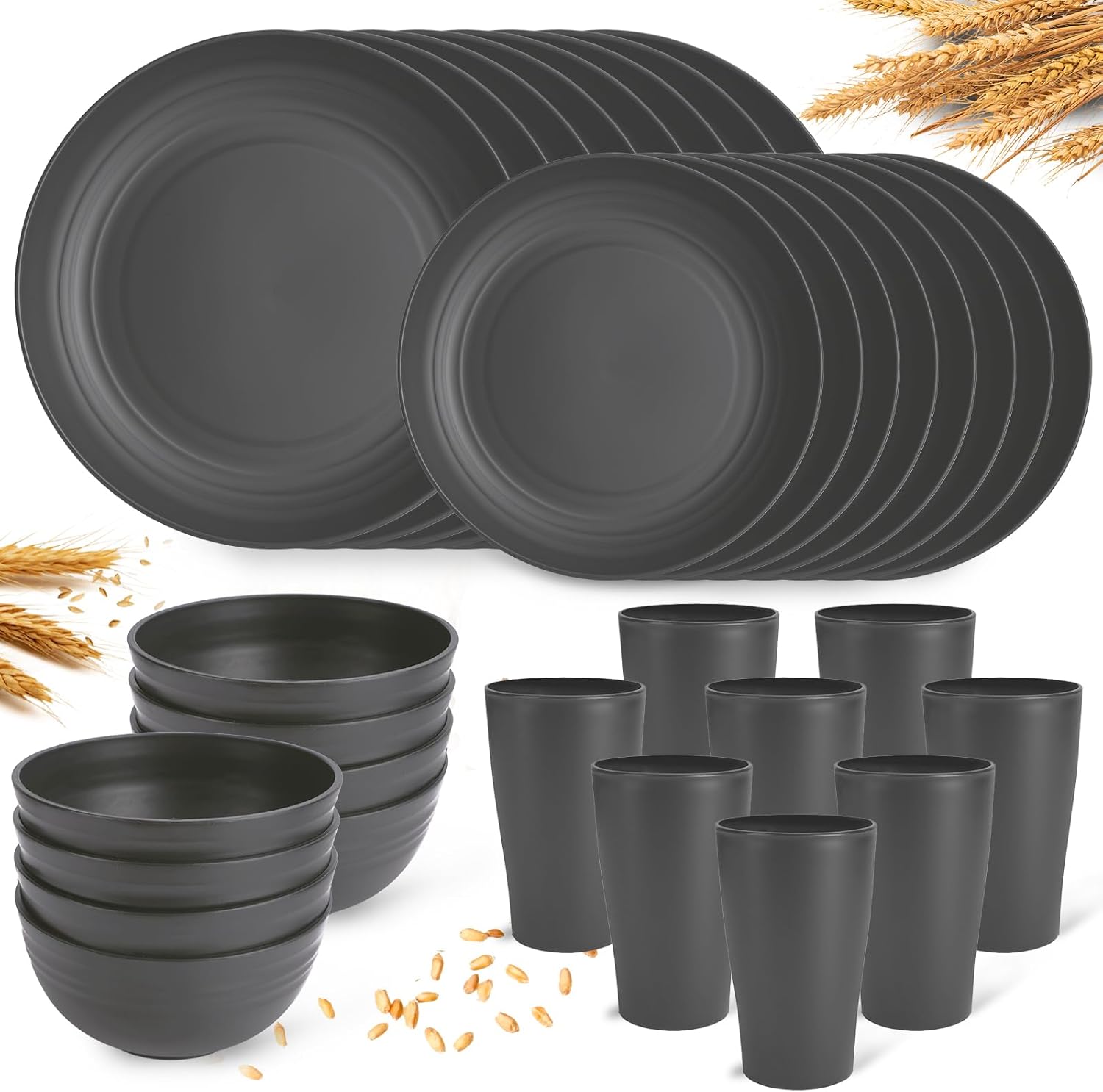 Grey Cups and Plates Sets for Kitchen Plates and Bowls Set, Dishware Sets for 8 Kids Plate Non Toxic Unbreakable and Lightweight,32pcs Halloween Plastic Dinnerware Set, Dishwasher and Microwave Safe Deep Grey