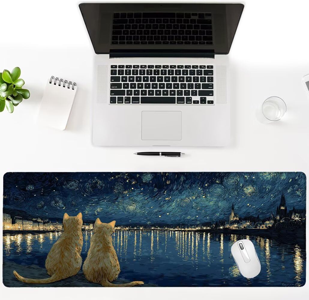 Alfombrilla Ratón XXL 600x1200x3 mm Mouse Pad Grande Gaming El Cielo Estrellado del Gato Alfombrilla Escritorio,Tapete Escritorio Bordes Cosidos, Impermeable Antideslizante Ordenador Desk Mat zj-263