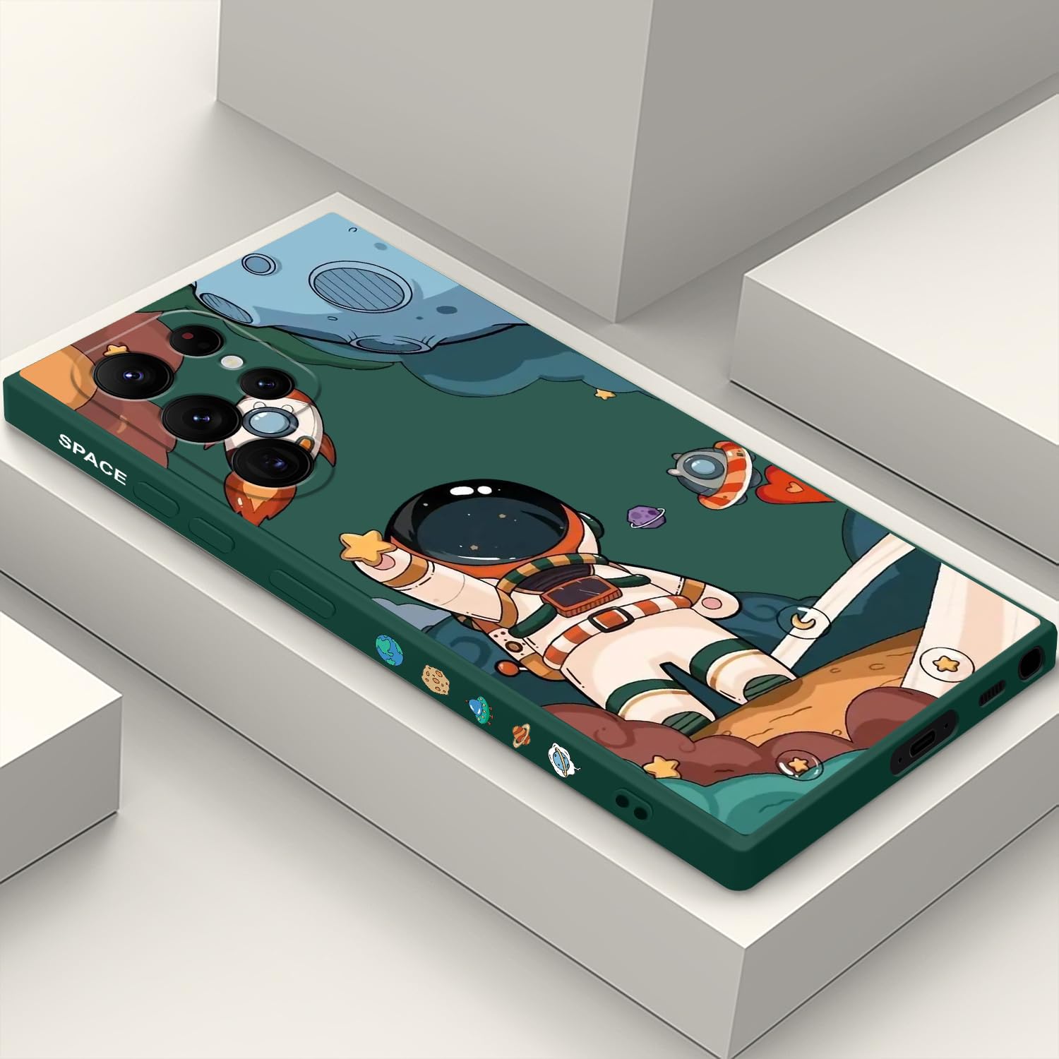 LEECG Phone Case for Samsung S22 Ultra Slim Shockproof Silica Astronaut Pattern Side Creative Design for Samsung S22 Ultra Case-Astronaut Green