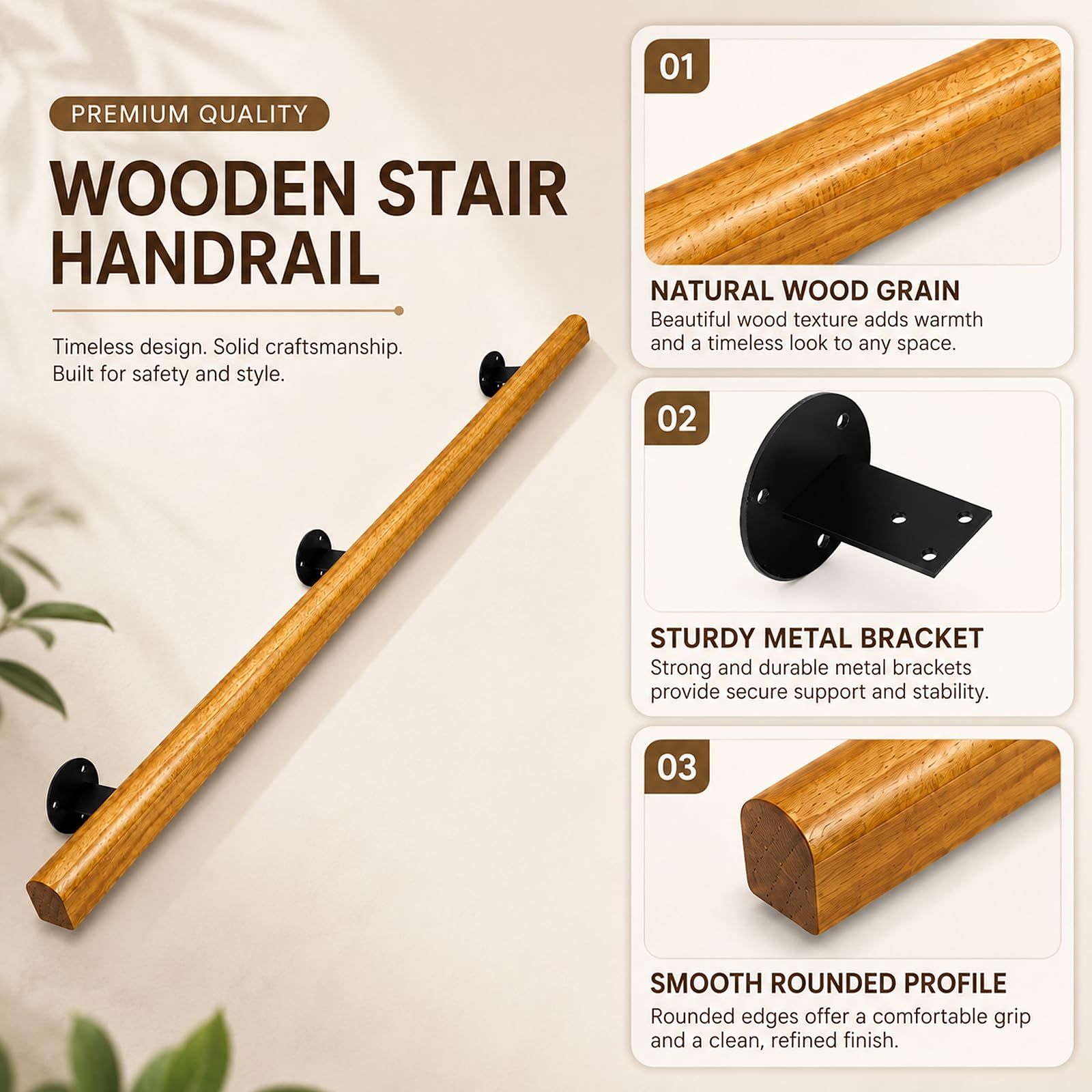 Wooden Handrails for Stairs Non-Slip Stair Banister with Brackets, 360cm - Image 4