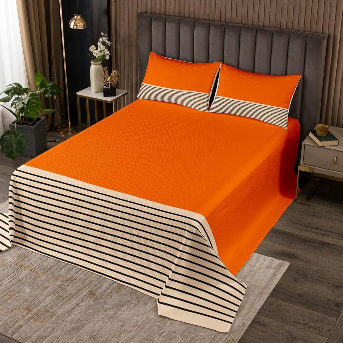 Erosebridal Geometric Simple Striped Queen Quilt Set for Kids Adults, 3 Pieces Orange Beige Bedspread Set, Contemporary Minimalist Coverlet Set, Modern Fashion Stripes Pattern Bed Set