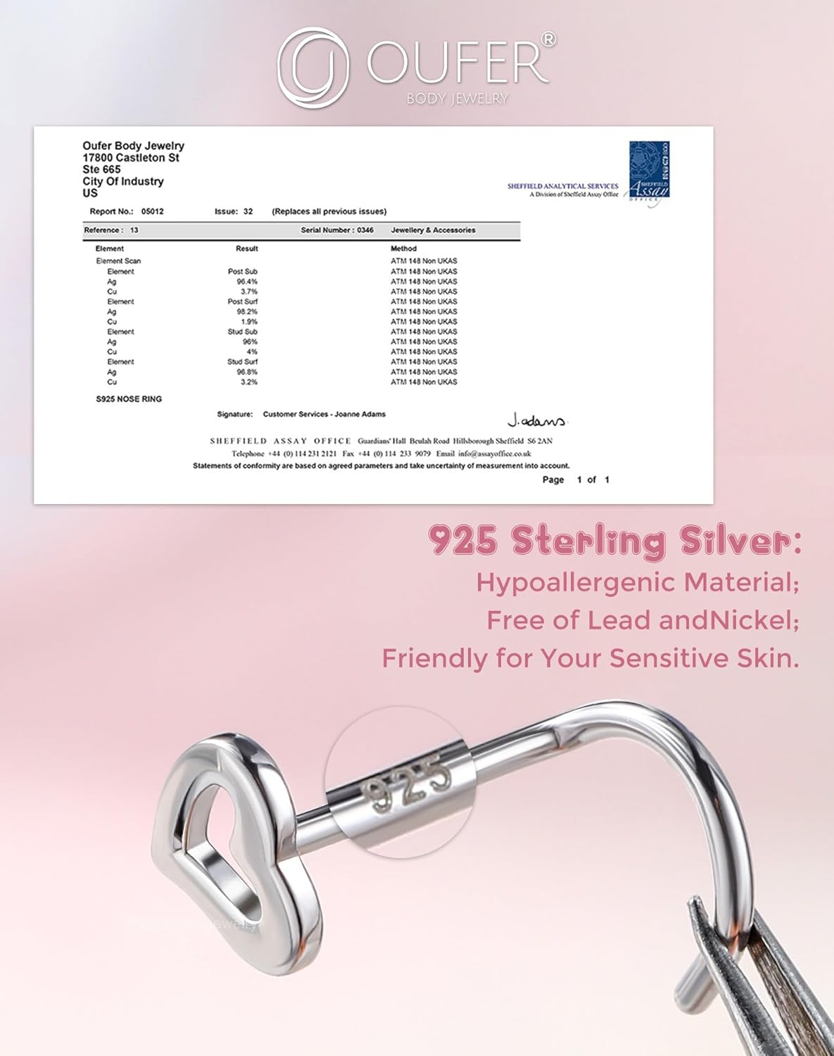 OUFER Heart Nose Rings Studs, 925 Sterling Silver L-shaped Nose Piercing Jewelry for Women Men, 20G Nostril Jewelry-7mm - Image 6