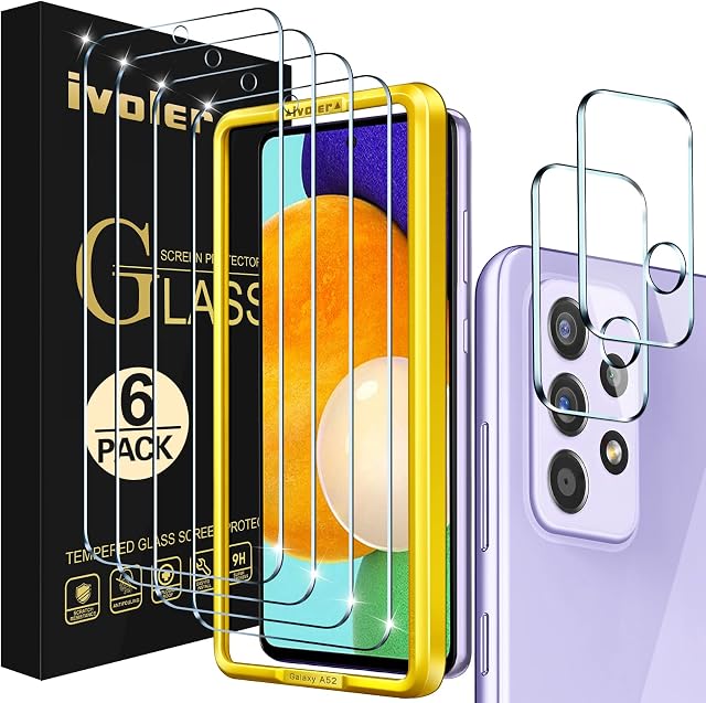 iVoler 4 Pack Screen Protector compatible with Samsung Galaxy A52/A52S 5G /4G, 4 Pack Tempered Glass and 2 Pack Camera Lens Protector - 9H HD Clear Anti-Scratch with Bubble-Free Easy Installation Tool