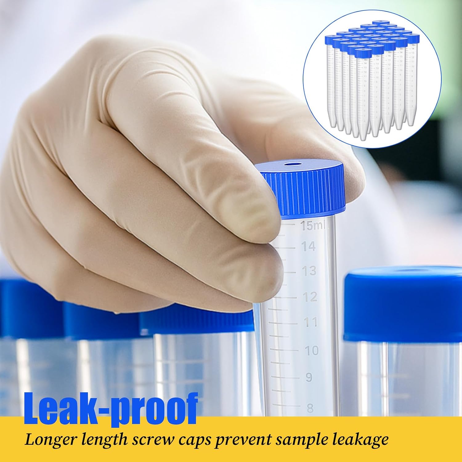 15 ml Centrifuge Tubes Conical Sample Containers (Pack of 200) | Small Plastic Test Tubes with Polypropylene Leak-Proof Screw Caps and Clear Graduated Marks for Lab Samples