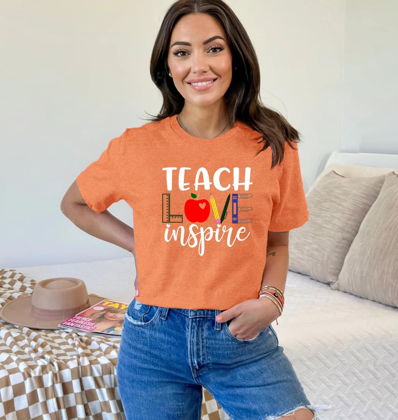 Womens Teacher Shirt Teach Love Inspire T-Shirt Teacher Life Tee Tops - Image 2