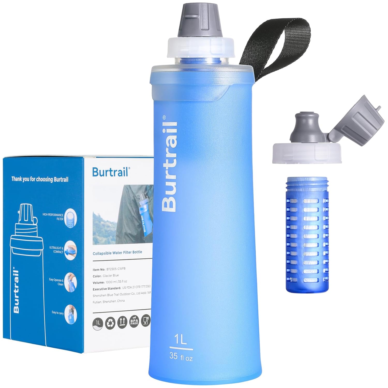 Outdoor Water Filter Bottle, BPA-Free Ultralight & Durable 1.0 L Collapsible Water Bottle with Two Filter Cap Cartridge, Filtered Water Bottle for Camping, Hiking, Backpacking