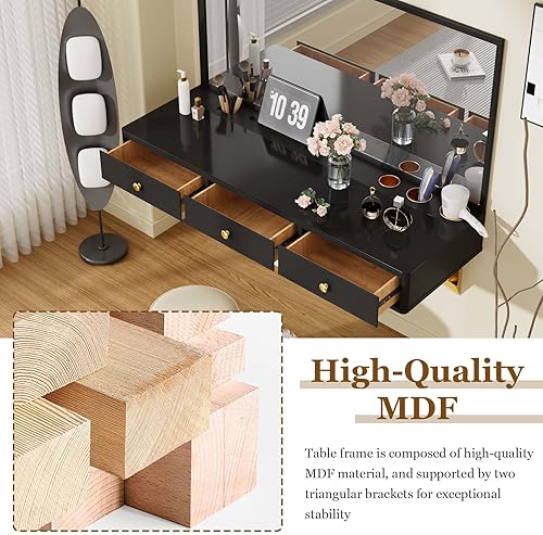 Miniatura 6 de Tocador de maquillaje blanco flotante con espejo LED y almacenamiento, escritorio de tocador montado en la pared para espacios pequeños, dormitorio