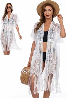 Bikini Cover Up Strandkleid Damen mit Lochmuster & Fransen, Spitzen-Kimono mit elastischem Bund, luftige Strandtunika für Sommer, Strand und Urlaub