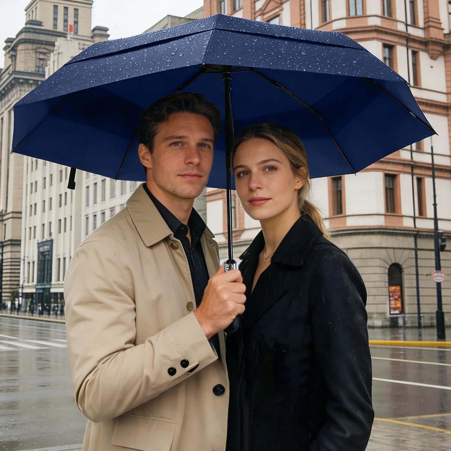 Windproof Golf Umbrella Large 54 Inch Folding Auto Open Close Wood Handle