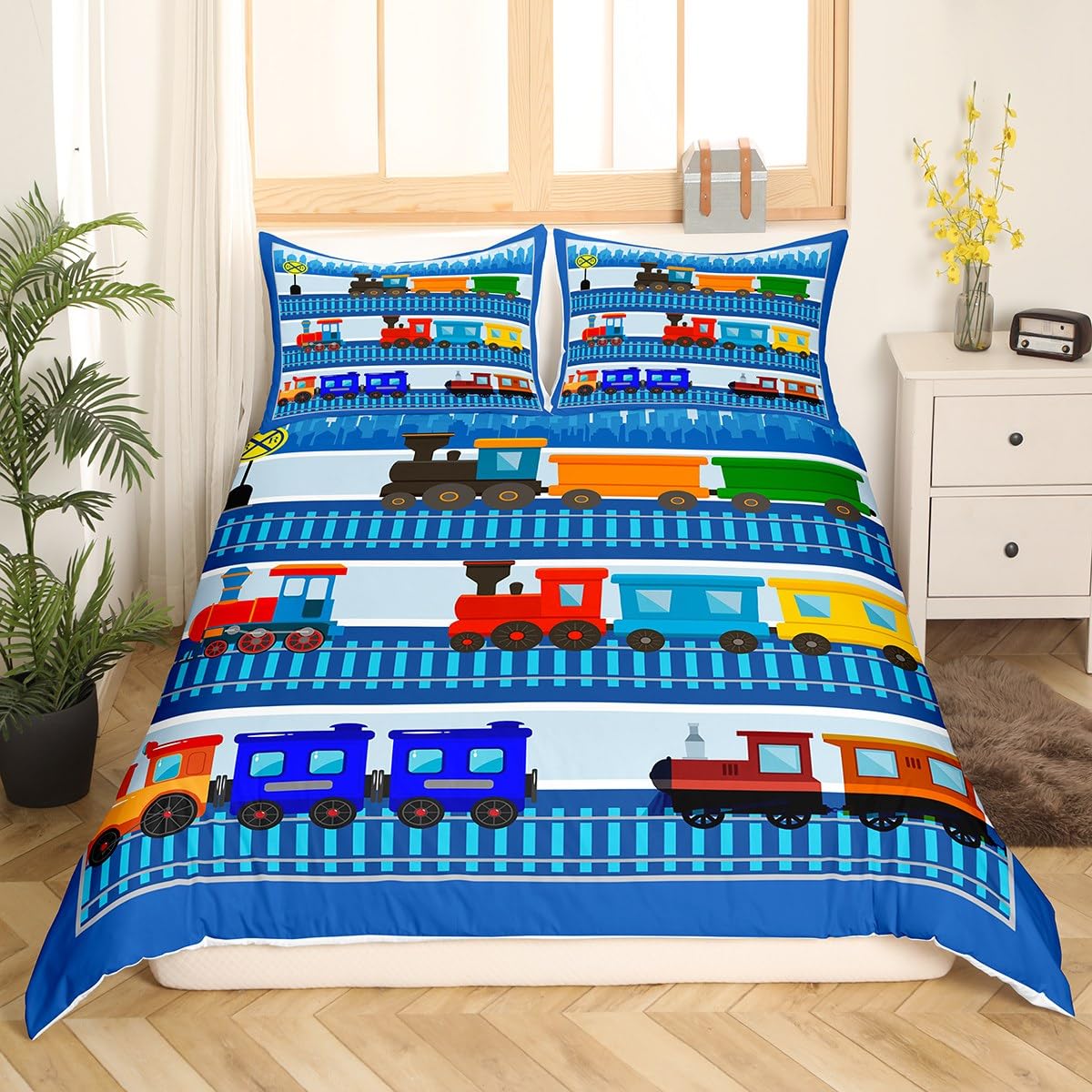 Train Theme Duvet Cover Set Super King Size,Cartoon Choochoo Steam Engine Train Bedding Sets 3Pcs for Kids Girls Boy Adult Room Decor,Colorful Trains Comforter Cover Playful Quilt Cover,2 Pillowcases โ image 1
