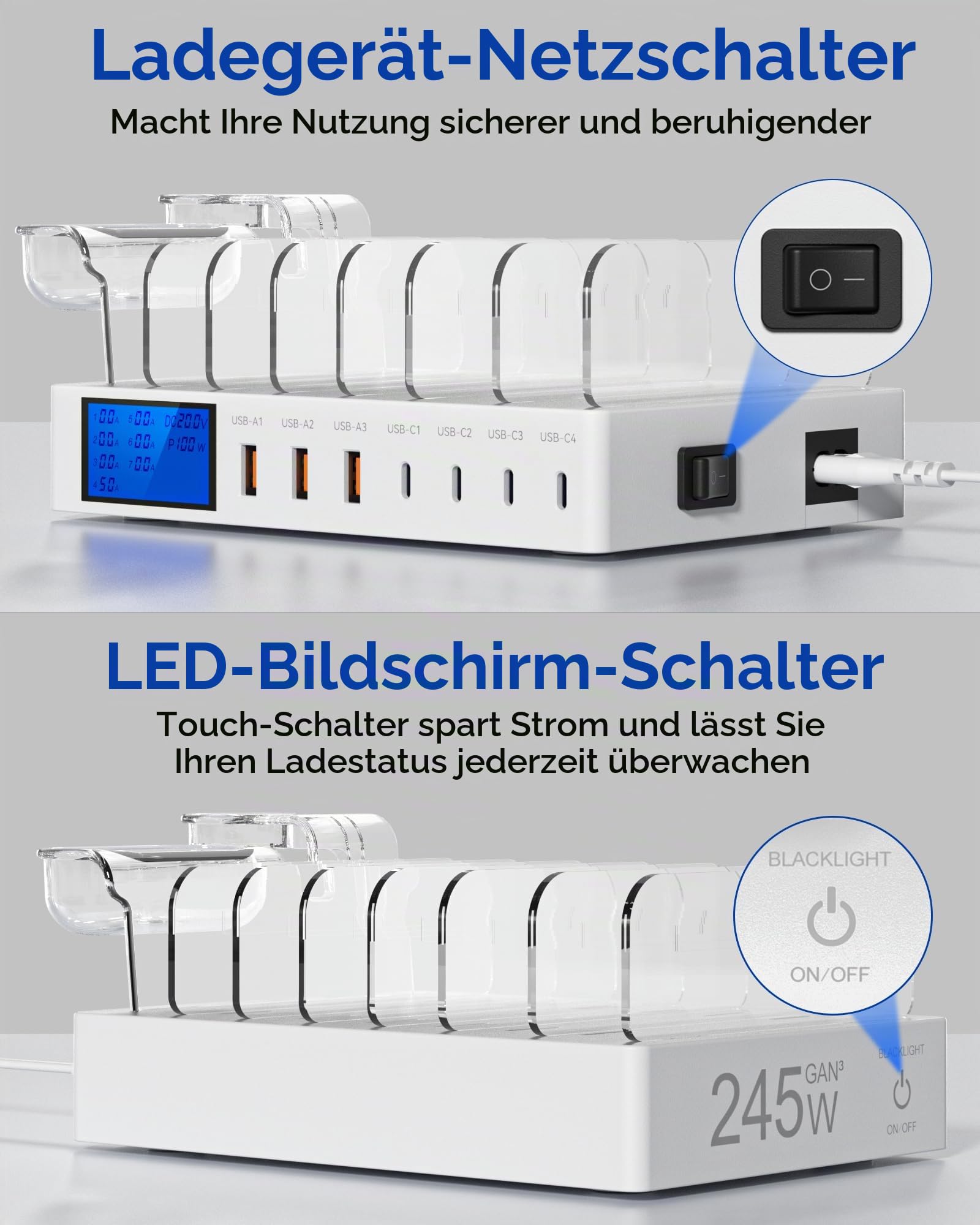 Ladestation Mehrere Geräte, 245W 7-Port-Handy Ladestation mit LCD-Anzeige, 100W PD USB C Schnellladegerät, für iPad, iPhone, Android, Tablet und Andere Elektronische Geräte-weiß（7 Gemischte Kabel）