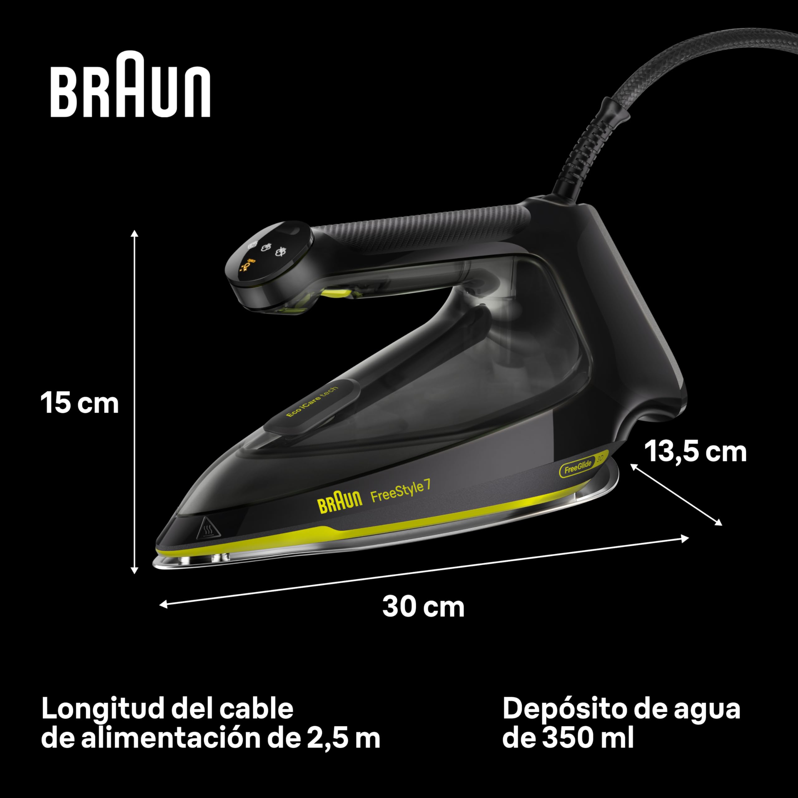 Braun FreeStyle 7 – Plancha de Vapor Ergonómica y Fácil de Usar, Función Turbo, Planchado Rápido y Suave, Diseño Certificado, Negro y Verde (FI7255GR)