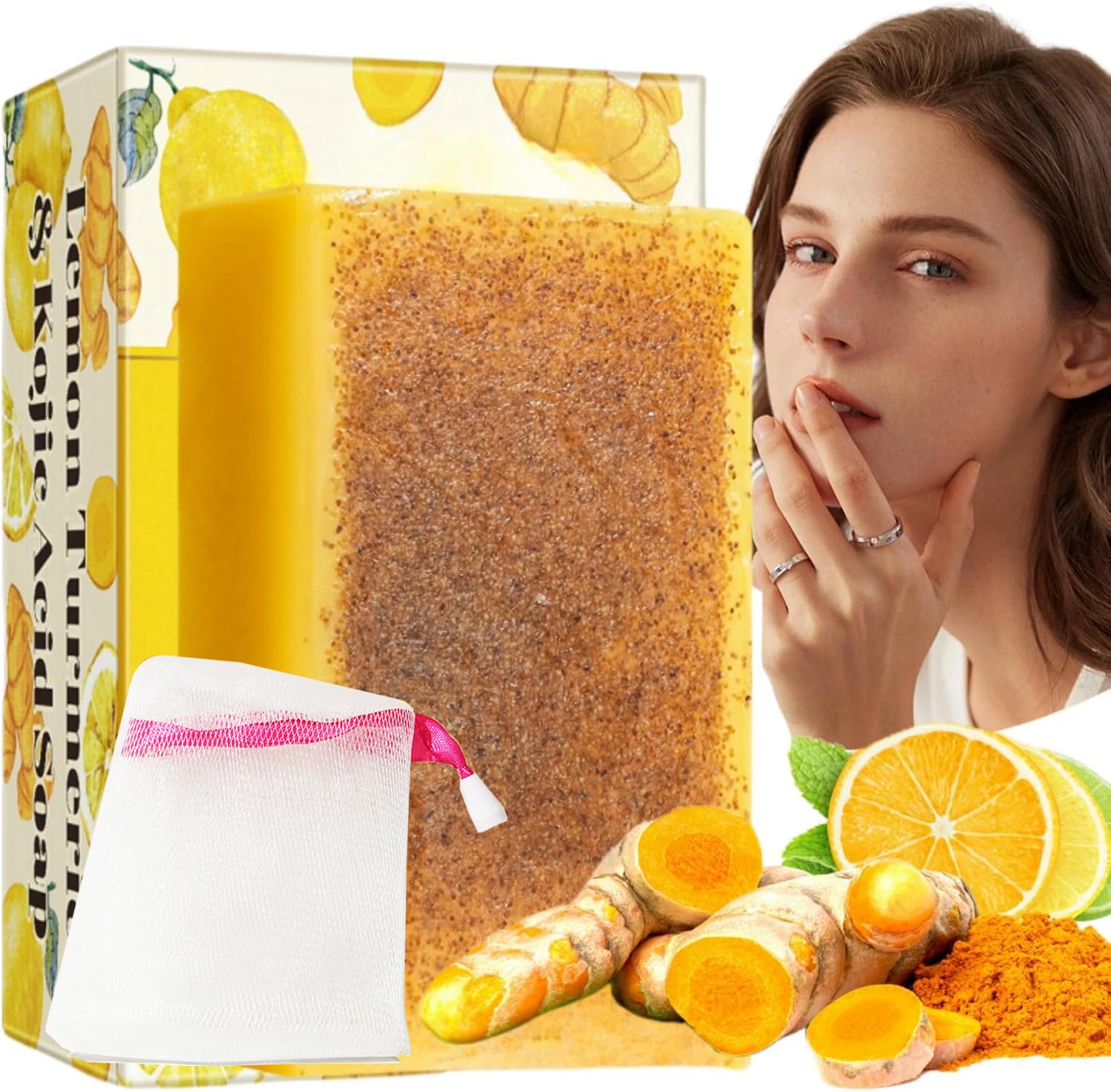 Lemon Turmeric Kojic Acid Soap, Dark Spot Corrector & Deep Cleansing Bar, Lemon Brightening & Moisturizing for Face & Body, Natural Formula for Skin Whitening (100g)