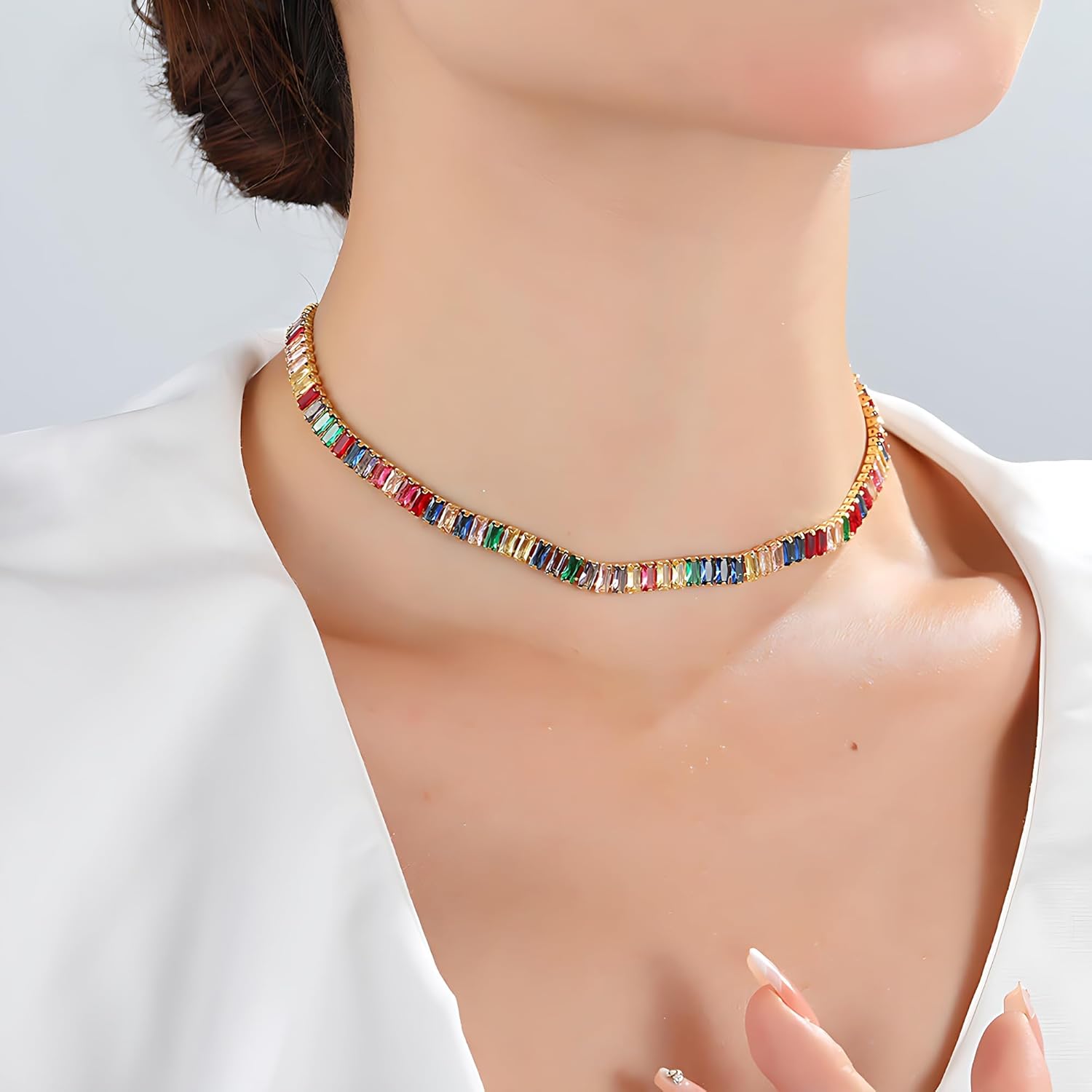 Women Multicolor Gemstone Necklace, Rainbow Cubic Zirconia Gold-Tone Chain, Adjustable Statement Jewelry for Parties, Weddings and Gifts - Image 2