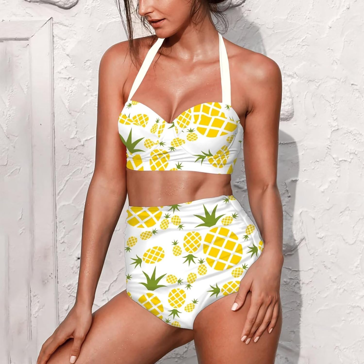 Womens High Waisted Halter Bikini Set Tummy Control Ruched Swimsuit Sexy 2 Piece Bathing Suits Size S-2XL