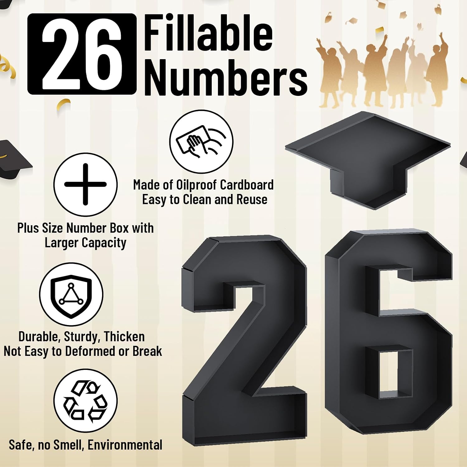26 Fillable Number for Charcuterie with Grad Cap Shaped Cardboard Tray Black 2026 Graduation Party Decorations 13.8'' Pre-cut Board Storage Decorative Paper Mache Box College Grad Table Supplies