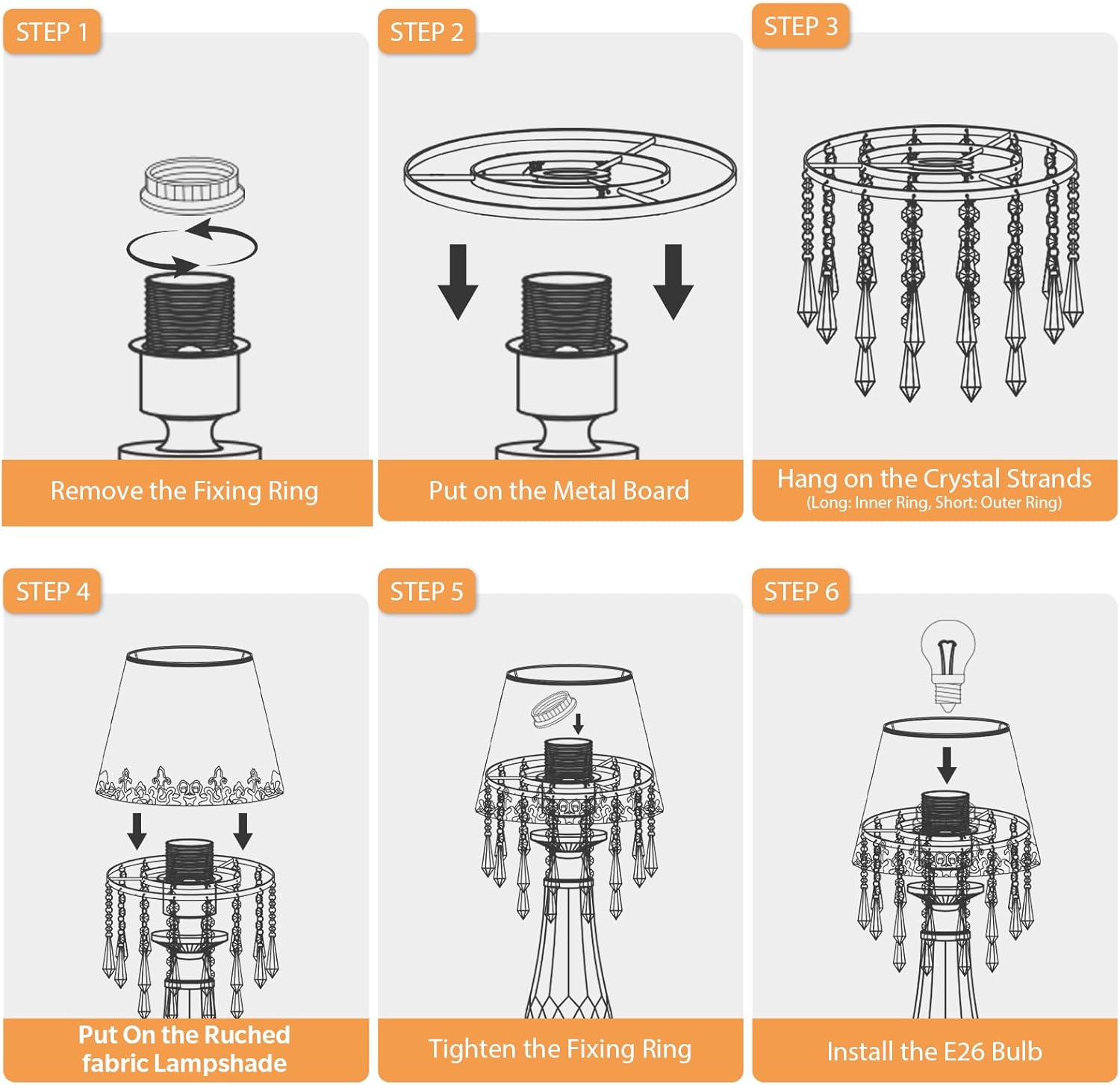 Crystal Bedside Table Lamp, Dimmable Table Lamp Set of 2 with Ruched Fabric Lampshade, Elegant Plug-in Chandelier Nightstand Lamp for Living Room Girls Room, W 12.6" X H 22.8"