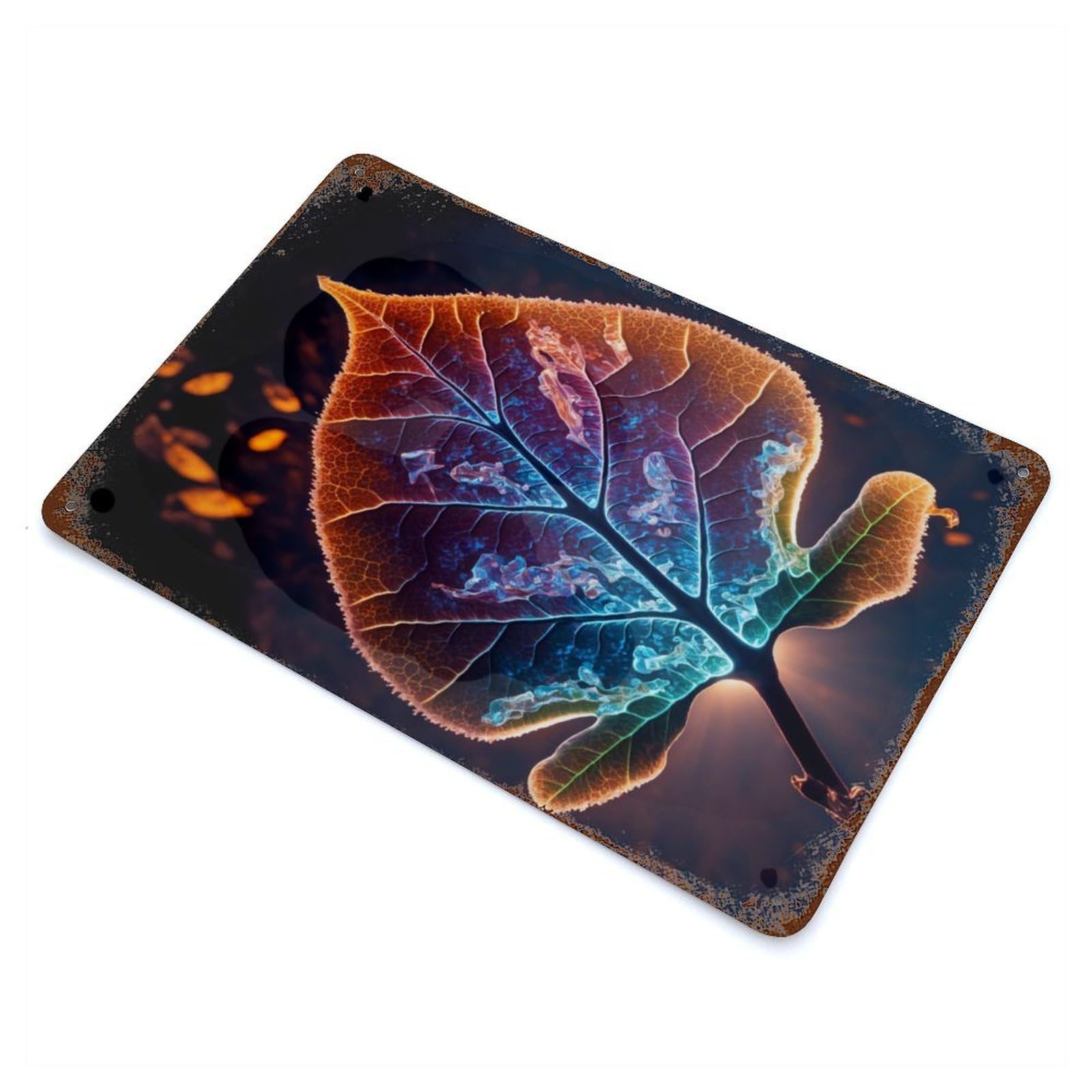 Garage Style Mystic Leaf Rust Effect Tin Sign 11.8"x7.9", Industrial Home Decor for Bar And Workshop