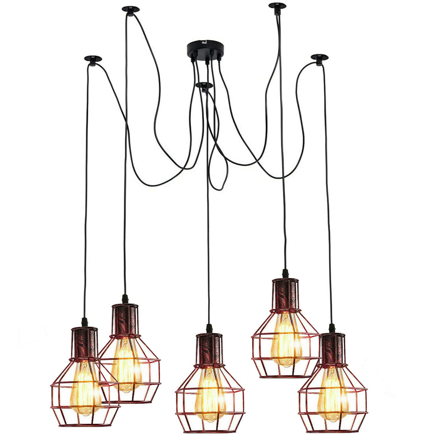 LEDSone 5 Heads Rustic Red Nest Cage Shade Ceiling Spider Lamp E27 Pendant Light Fixture Adjustable DIY Lighting Spider Ceiling Light Hanging Lamp for Dining Room,Kitchen Bedroom,Farmhouse