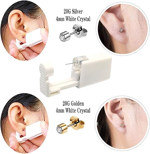 Miniatura 8 de Juego de 4 pistolas de perforación para el oído, juego de herramientas desechables para perforar las orejas con aretes de tuerca y limpieza para uso