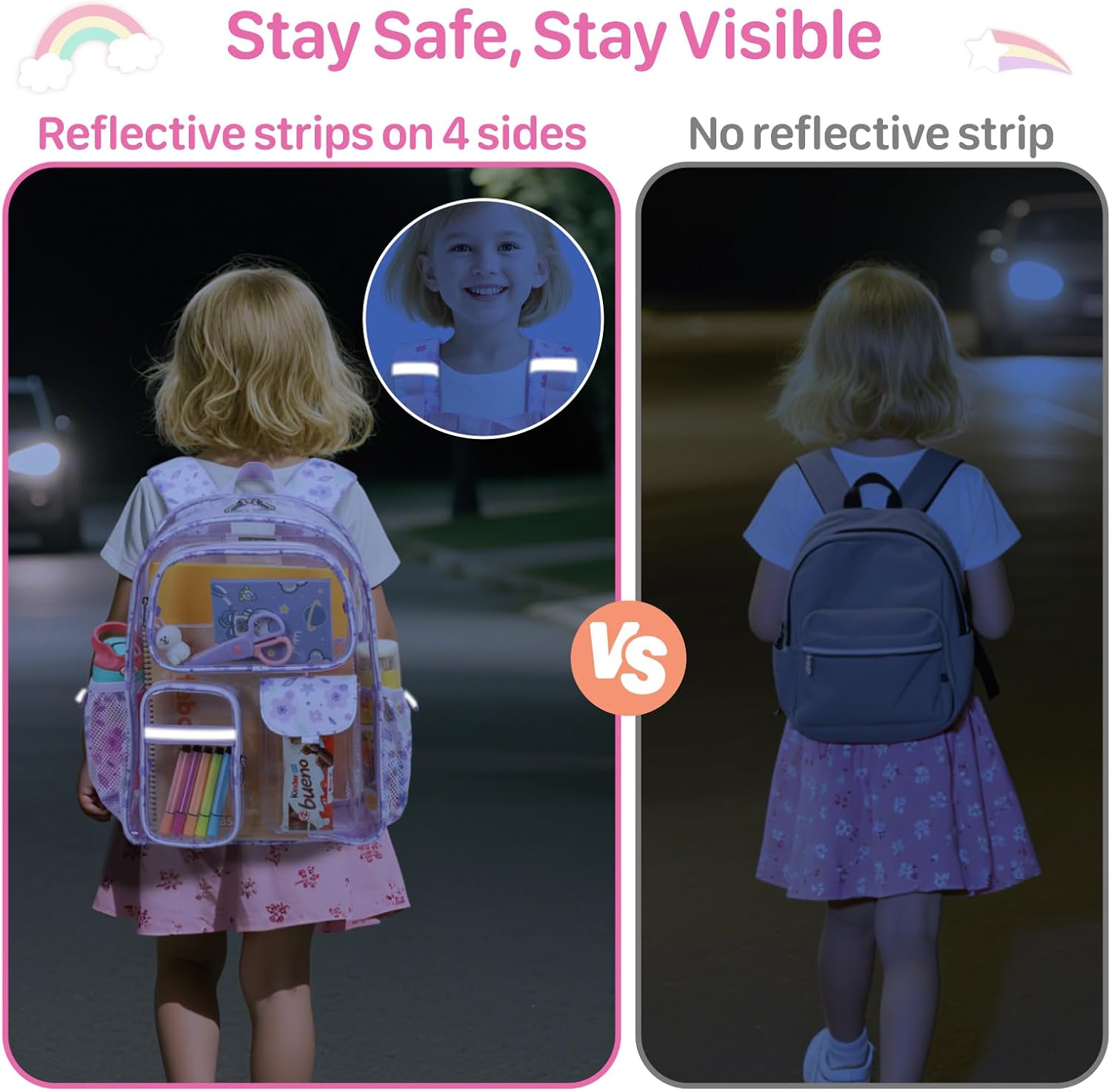 Bagseri Clear Backpack for Girls, 15 Inch Heavy Duty Kids Transparent Bookbag for School Kindergarten to 2nd Grade, Fits 12.5 Inch Folders, High Visibility Reflective Strips, Purple Floral - Image 6