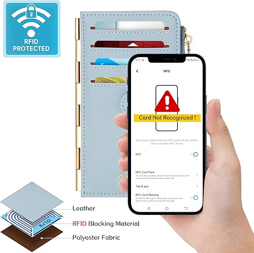 Miniatura 4 de Badiya Tarjetero de crédito para mujer, con bloqueo RFID, delgada, plegable, con bolsillo con cremallera y 3 ventanas para identificación